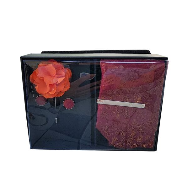 Jemygins Burgundy Paisley Tie Lapel Pin Cufflinks Tie Clip 4 Piece Set - Picture 1 of 8